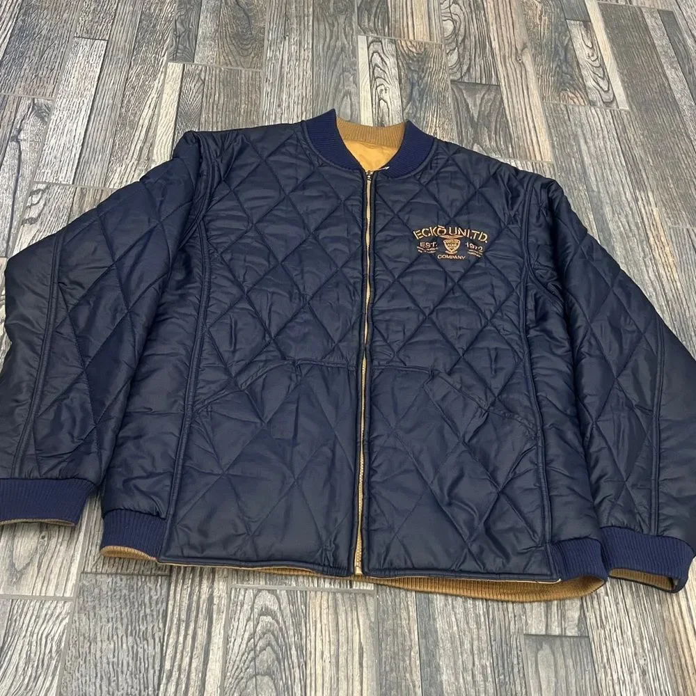 🔥🔥 Vintage‎ Y2K ECKO UNLTD. Quilted Puffer Bomber Jacket - Navy Blue/Gold - Sz